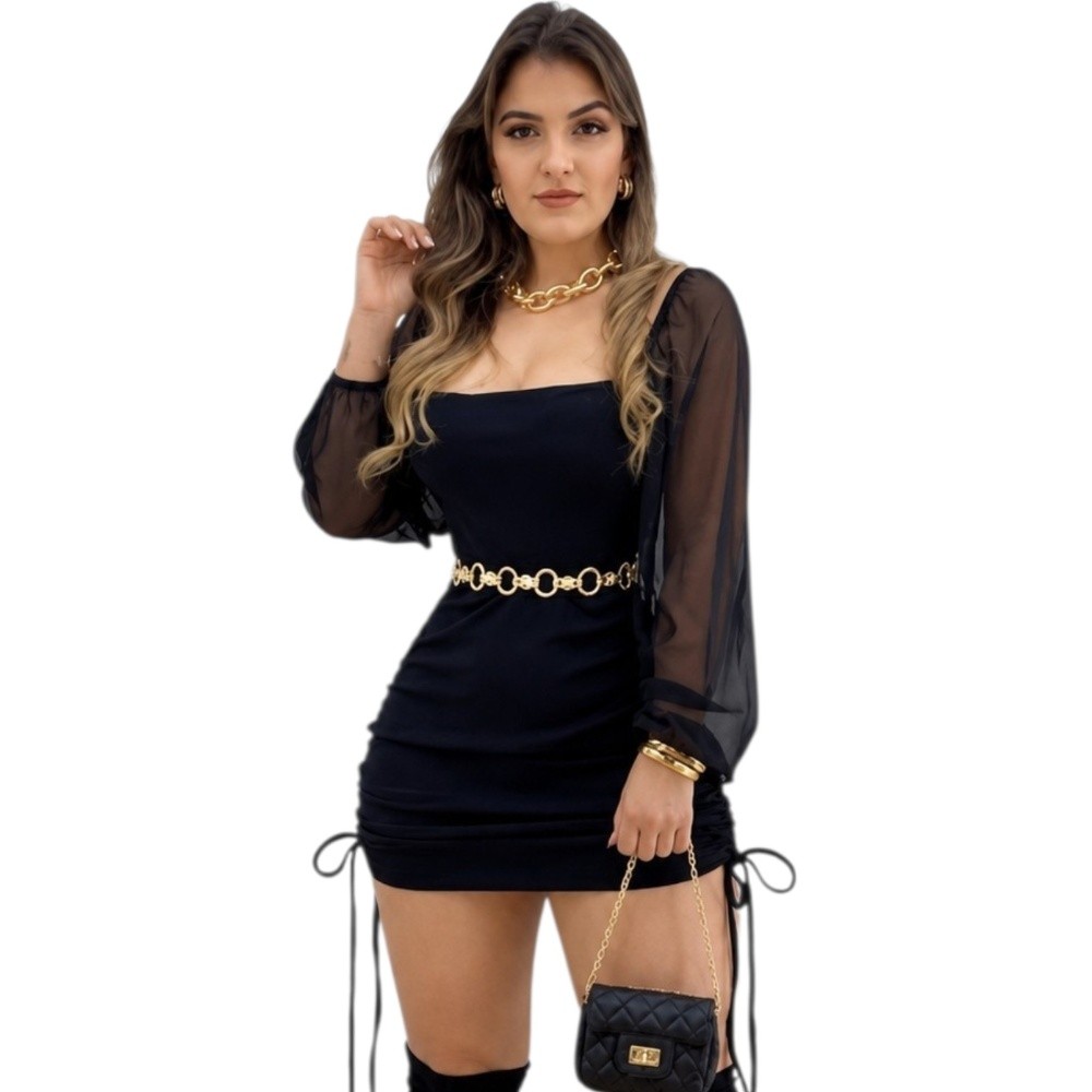 Vestido Juliete Curto Feminino Slim Crepe Manga Longa Tule Detalhe Puxar Laterais Moda Inverno