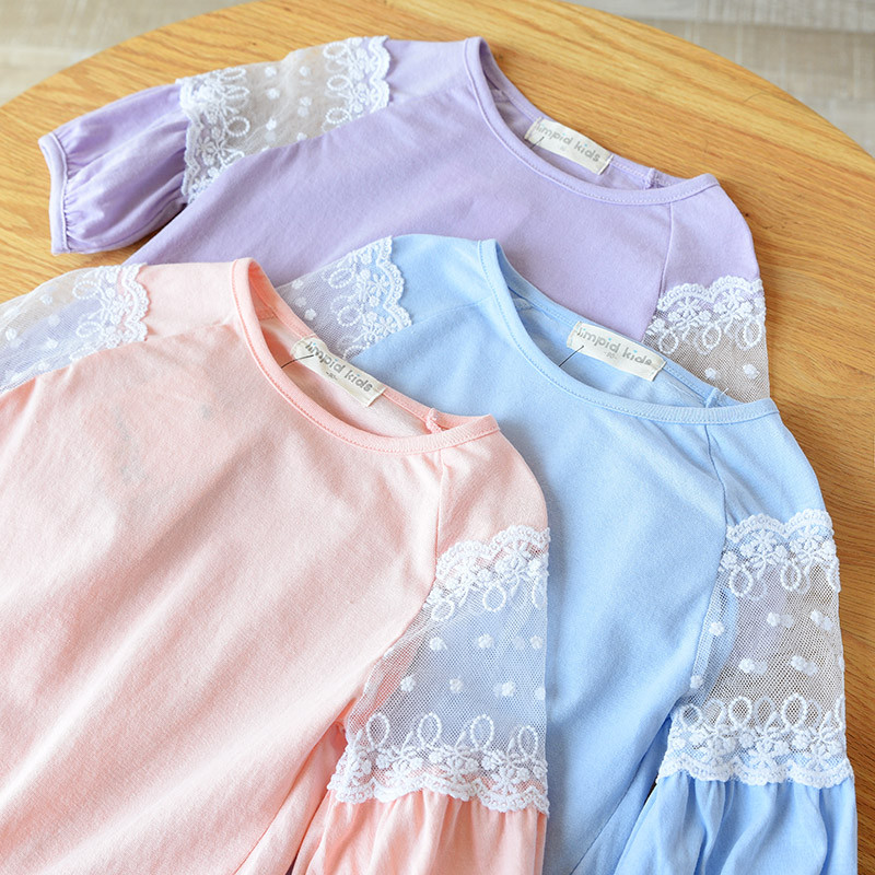 57590 estoque de limpeza manga de renda em torno do pescoço camiseta meninas algodão puro manga de cinco pontos crianças