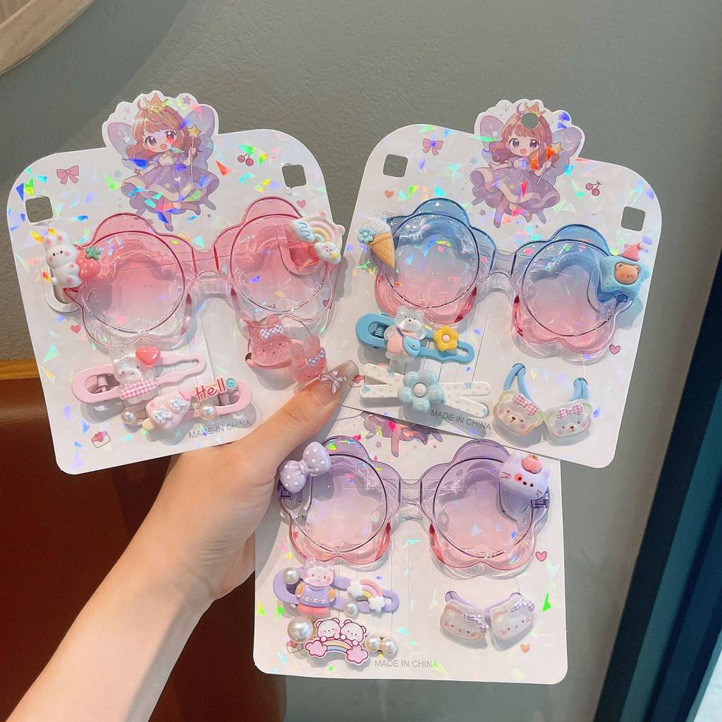 Kit 4/6 Peças Infantil com Óculos, Presilhas, Laços e Acessórios para Meninas