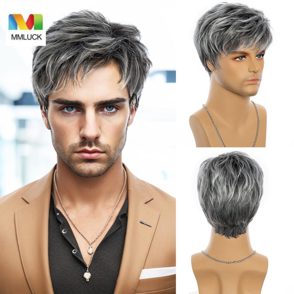 DARBY Moda Masculina Cabelo Curto , Cosplay Perucas Sintéticas Masculinas Resistentes Ao Calor , Peruca Curta Reta Cinza