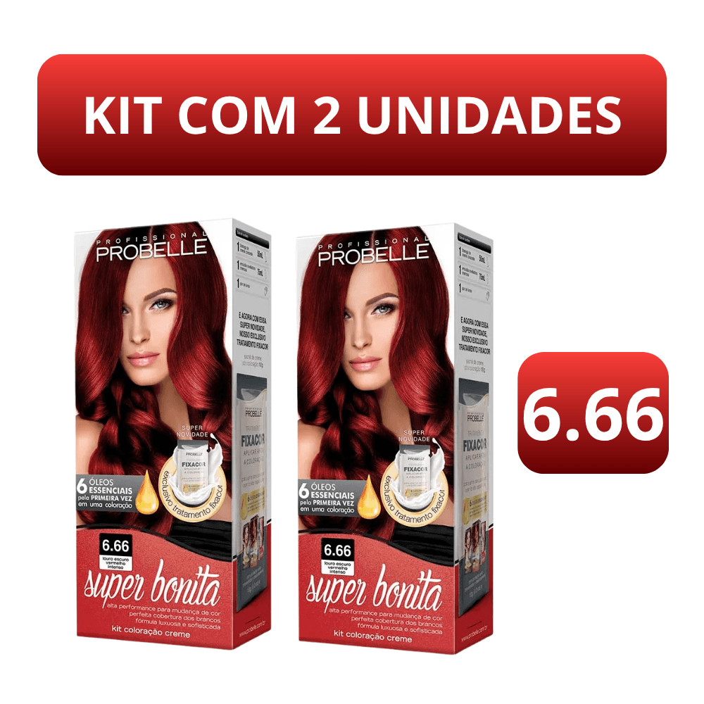 Kit c/2 Tinta Cabelo Super Bonita Probelle 6.66 Louro Escuro Vermelho Intenso - Cor Vibrante, Brilho