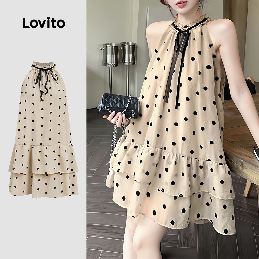 (Lovito x Ana) Casual Vestido Feminino Primavera/Verão com Nó Frontal e Babados