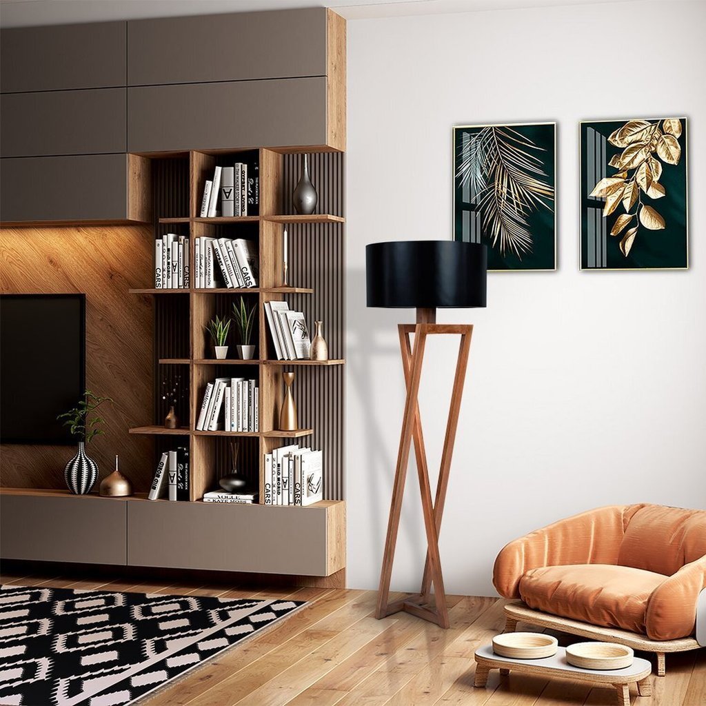 Luminária Abajur De Chão Bali com Madeira Maciça e Mdf Natural/Branco