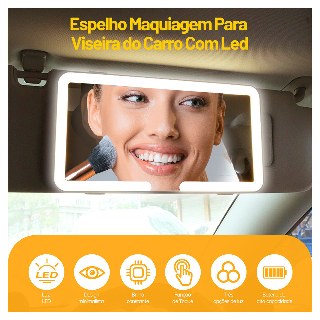 Espelho De Carro Com LED Maquiagem Recarregavel Viseira Solar Touch 3 Modos De Luz Abajur Universal