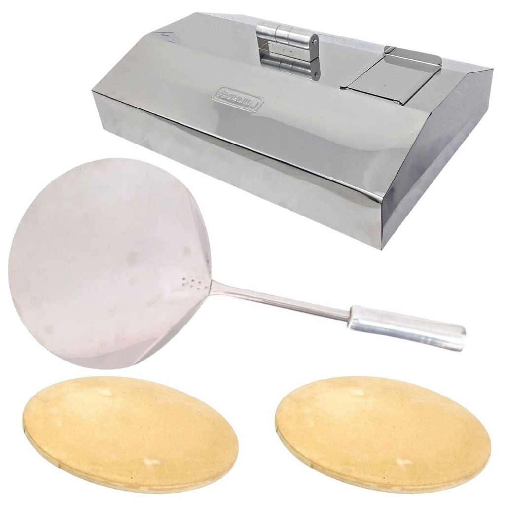 Kit Pizza Churrasqueira Pedra Refratária Pá E Abafador 66cm