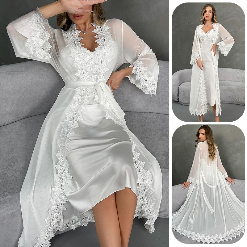 Conjunto Lingerie Sexy Camisola, Material Premium Antiestático, Body Renda, Roupa de Dormir Branca Sensual, Pijamas