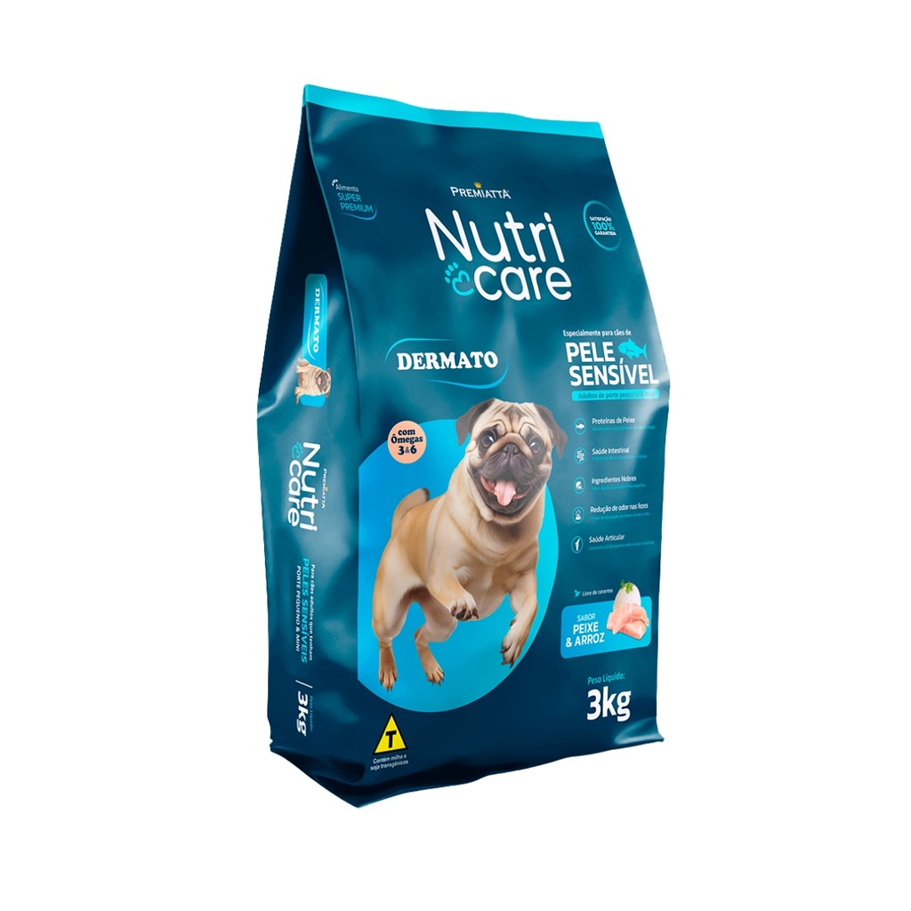 Ração Nutricare Dermato Premiatta 3kg Cães Porte Peq. Mini Pele Sensivel Super Premium Saudavel
