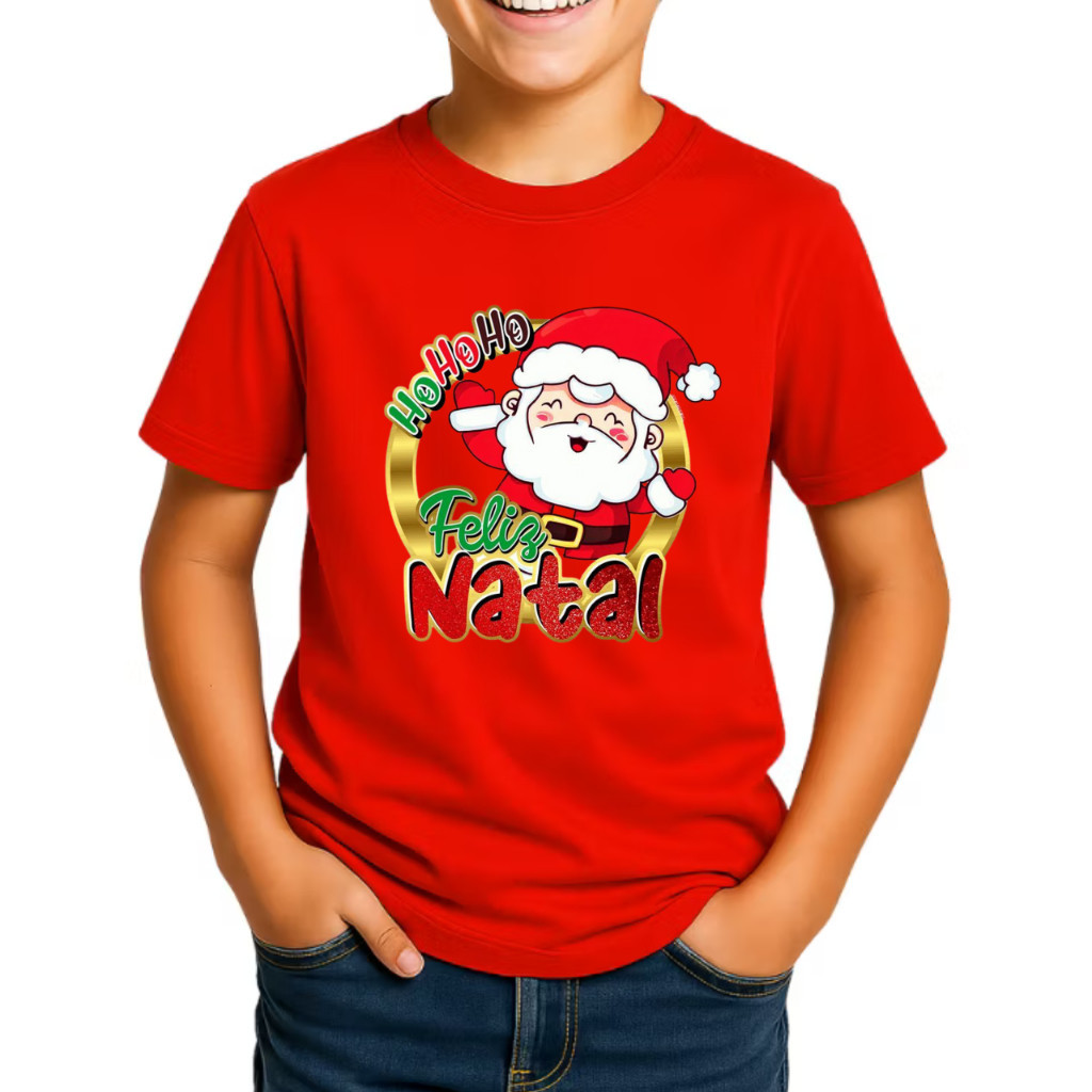Camiseta Infantil Juvenil Unissex Feliz Natal Papai Noel Ho Ho Camisa Estampada Algodão Tendencia