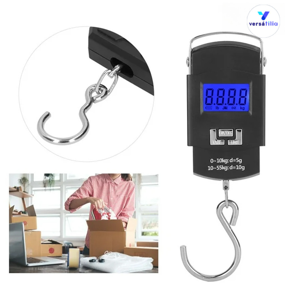 Balança Digital 50kg com Alça Ajustável Bagagem Viagem Pesca Acampamento Atividades ao Ar Livre