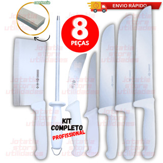 Facas Profissional 08/ 05/ 02 Conjunto Desossa Tira Couro Chaira Cutelo Pedra Afiar P/ Açougue Frigorífico Churrascaria