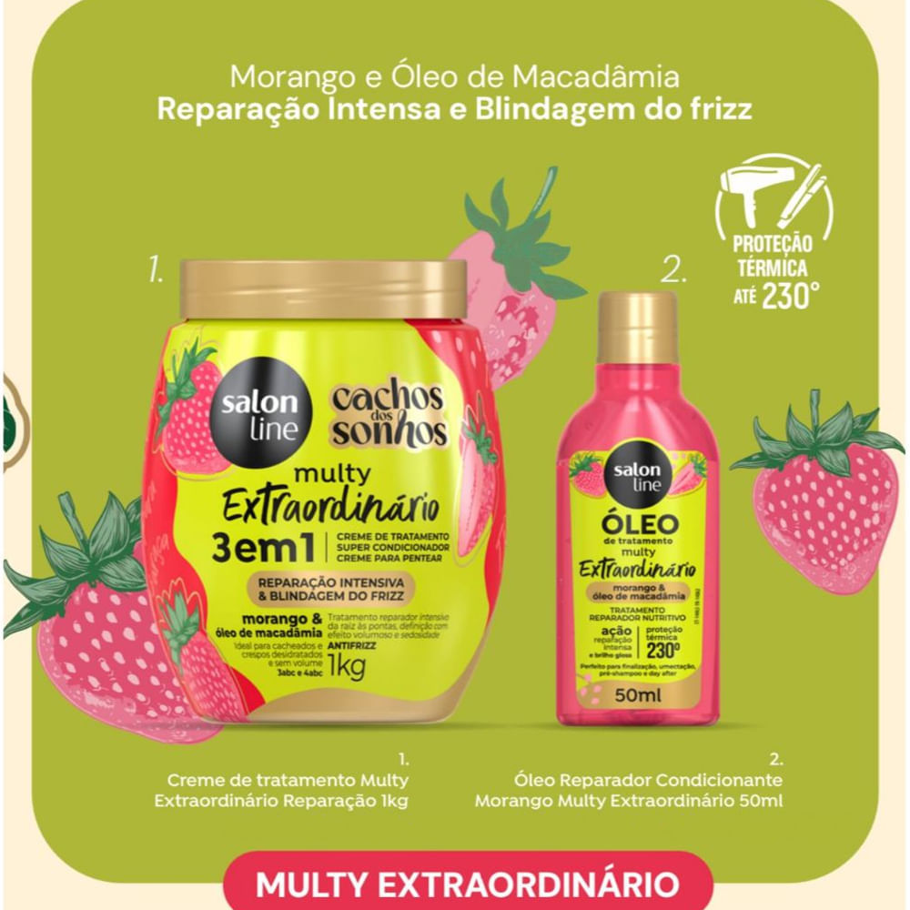 Detalhes do Kit Salon Line Multy Extraordinário Creme de Tratamento 3 em 1 + Óleo Reparador Morango