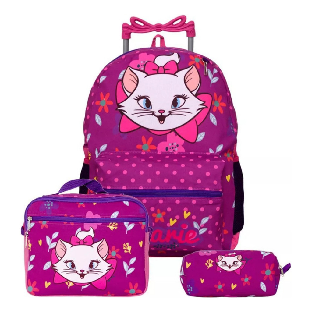 Kit Mochila Gata Marie Rodinhas Infantil Feminina Gatinha