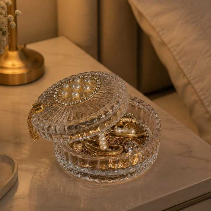 Porta-Joias Castiçal Decorativo Em Vidro Com Tampa Pingente Dourado