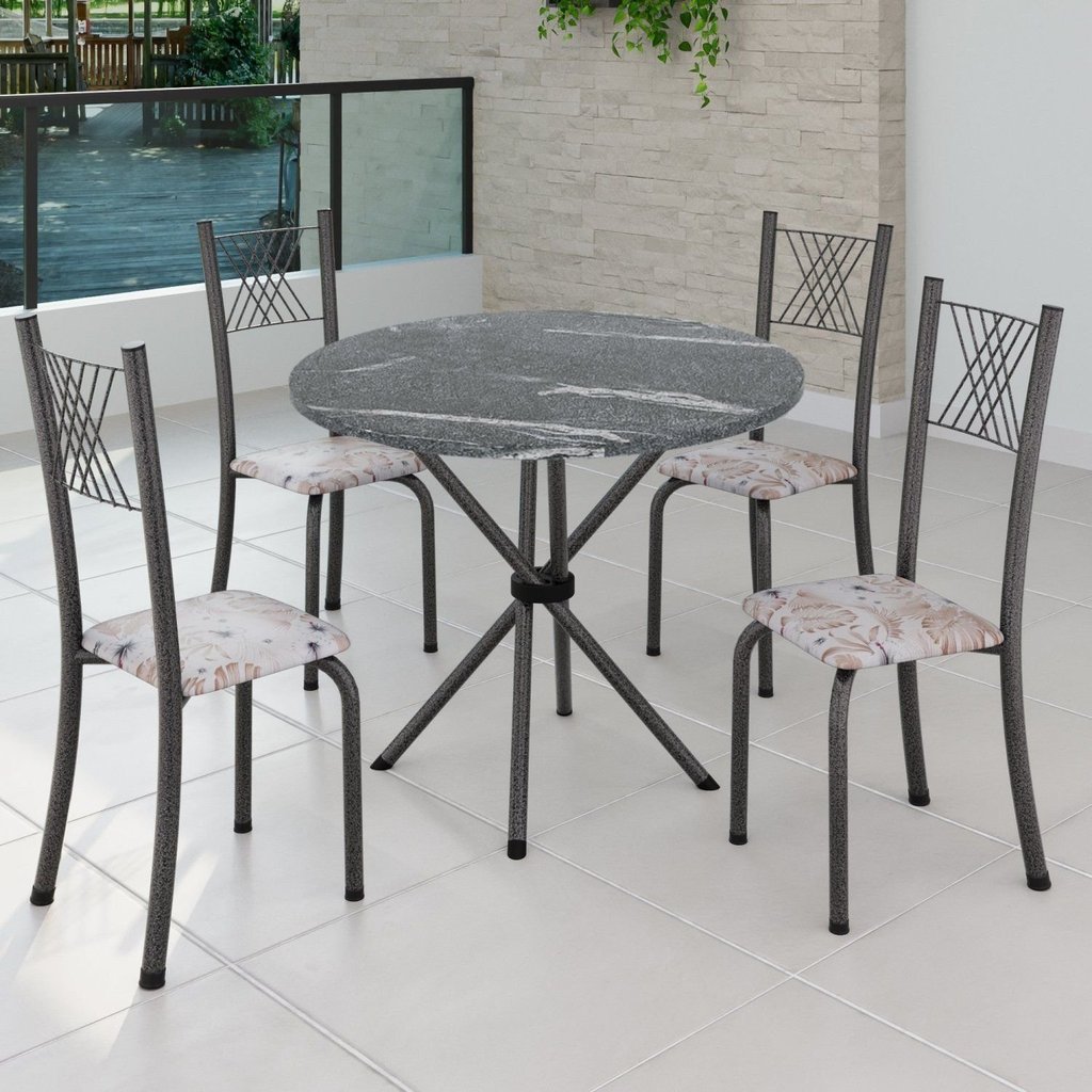 Conjunto de Jantar Mesa Tampo Redondo de Granito Topázio com 4 Cadeiras Sara Yescasa Martelado Prata/Botanic Bege