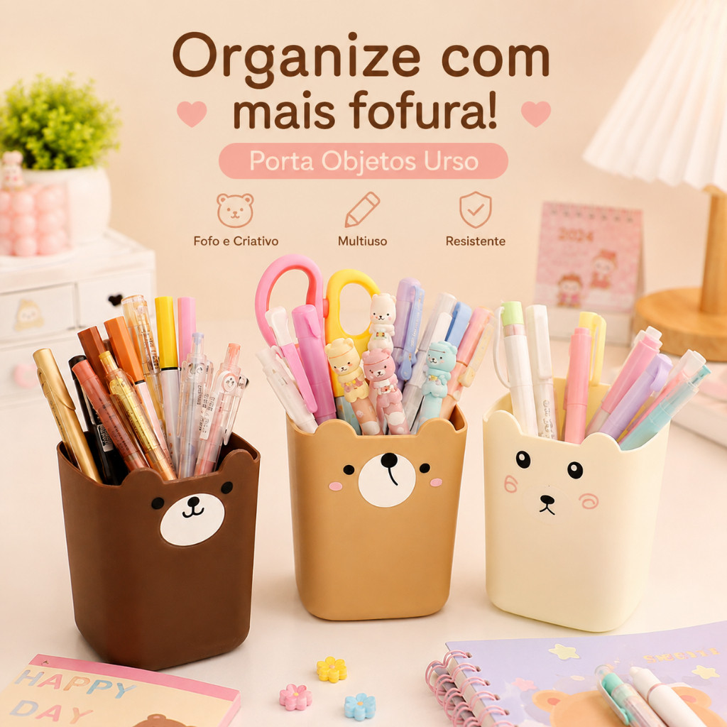 Kit Porta Objetos Organizador Quadrado Ursinho Mesa Canetas Maquiagem Decoração Fofo 11cm