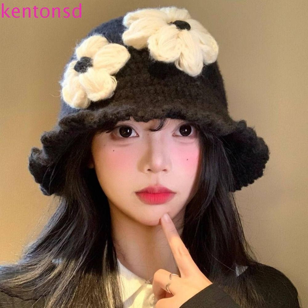 Chapéu De Malha De Flor De Crochê KENTONSD , Lindo Boné Feito À Mão Com Flores , Gorro Quente Estilo Coreano Laço