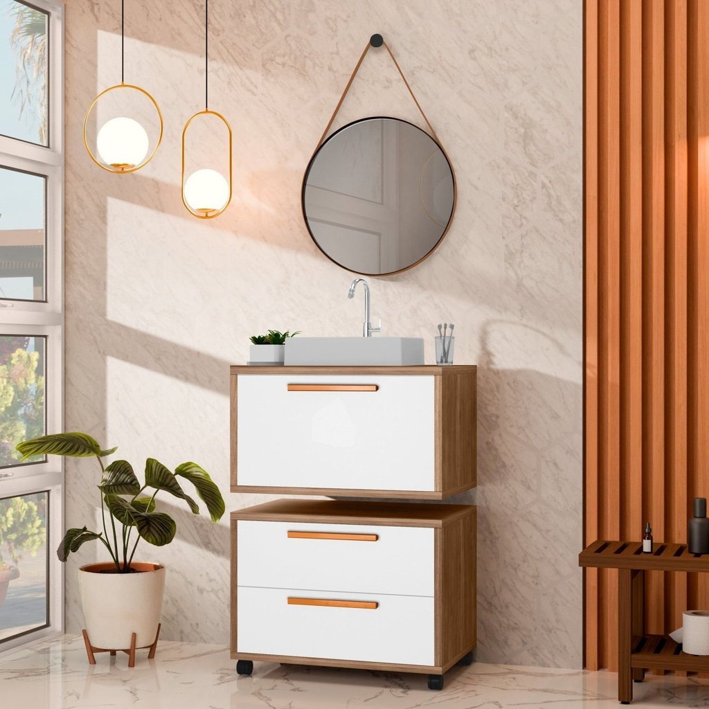 Conjunto Gabinete para Banheiro com Rodizio, com Cuba de sobrepor e Espelho Kyoto 60cm Avelato/Branco Avelato/Branco