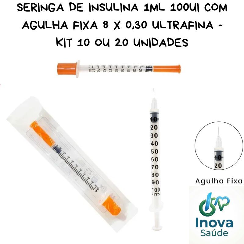 Kit 10 ou 20 Seringas Insulina 1ml 8x0,30 Medix