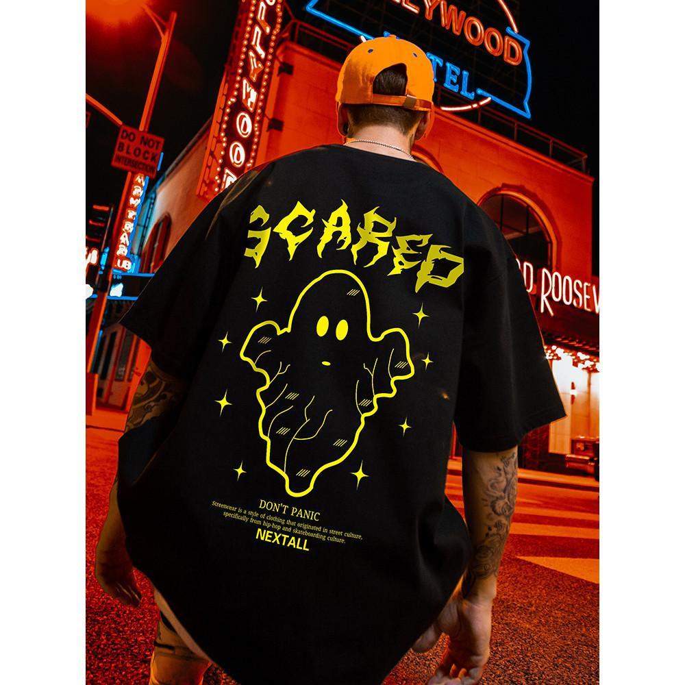 Streetwear " Scared Ghost " Impressão Preto Oversized Camiseta Masculina Casual Top Plus Size Verão Sh