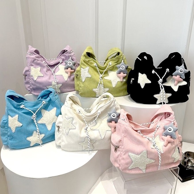 Bolsa Feminina de Veludo de Grande Capacidade, Estilo Coreano com Decoração de EstrelaTote e Transversal