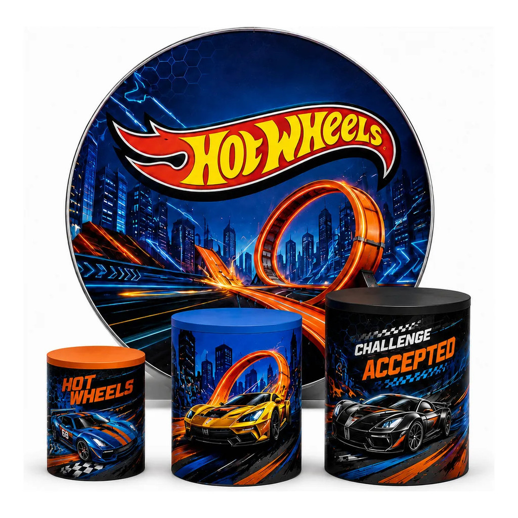Kit Decoração Capa Painel Redondo 150x150cm Mais Trio Capas Cilindros - Tema Hot Wheels Lançamento Tecido Premium