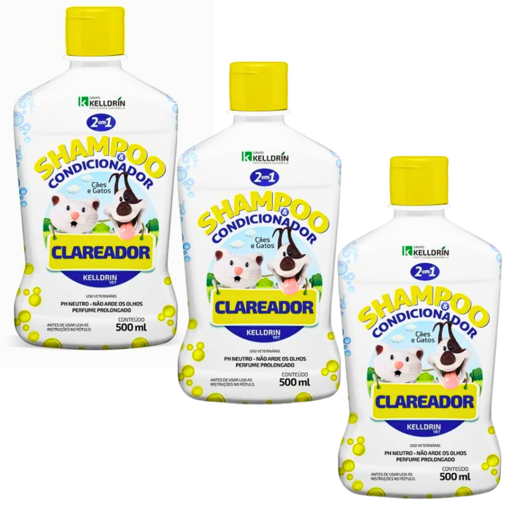 Shampoo e Condicionador Kelldrin Branqueador Óptico Cães e Gatos - Clareador de Pelos - 3 Unidades