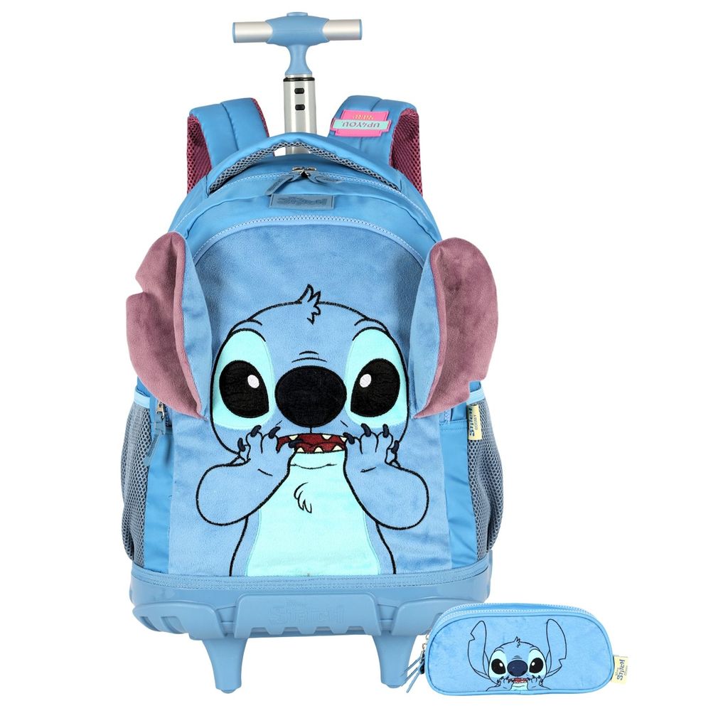 Kit Escolar Juvenil Menina Pelúcia Lilo Stitch & Angel Mochila de Costas e Rodas + Estojo Triplo