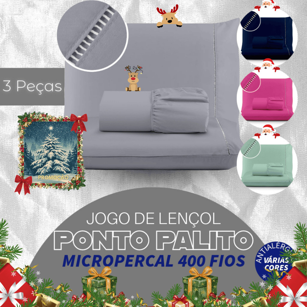 Kit Jogo de Cama Lençol 400 fios Micropercal 03 Peças Ponto Palito - Solteiro Casal Queen e King