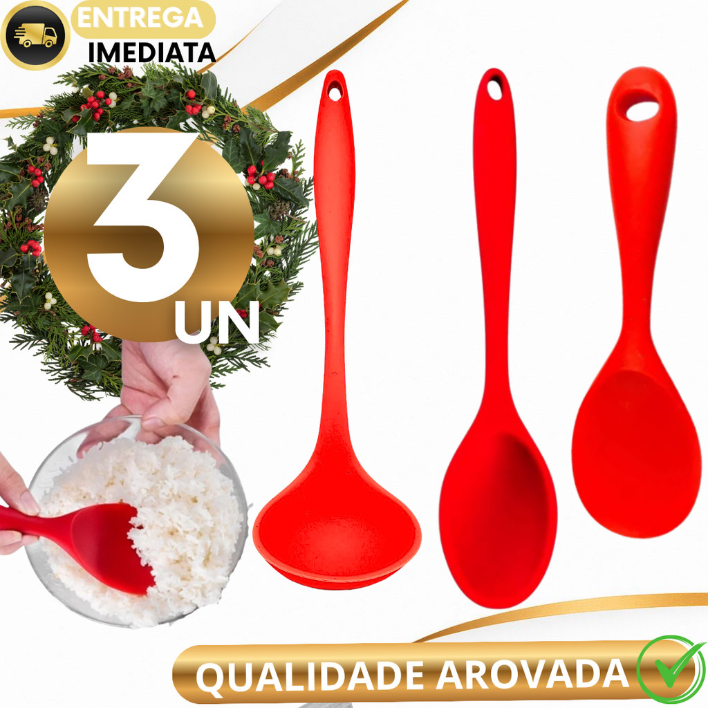 Kit Utensílios Silicone 3 Peças Concha Colher Grande e Colher de Arroz Vermelha Mesa de Natal em Oferta na Shopee