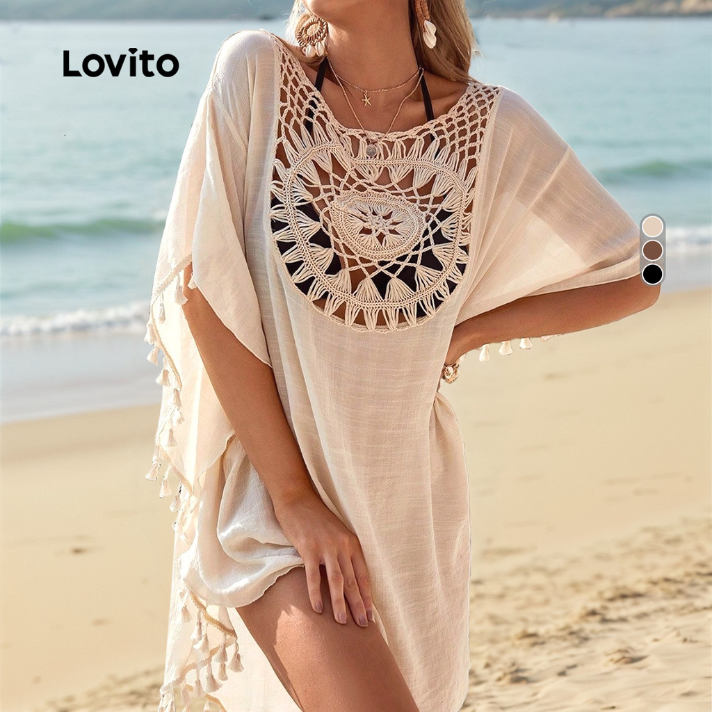 Lovito Kimono Boho com Franjas Estilo Resort Primavera/verão Damasco para Mulheres LNL126261 em Oferta na Shopee