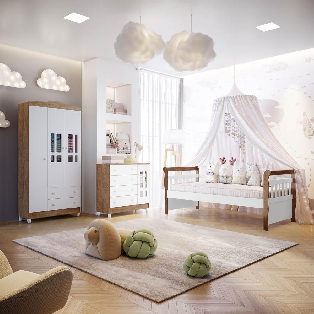 Quarto Infantil Cama Babá Júlia Guarda Roupa 3 Portas Cômoda 1 Porta Branco Bétula Carolina Baby