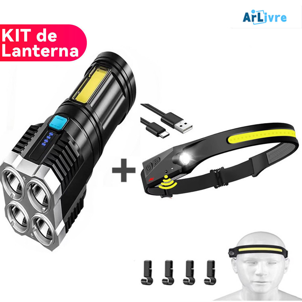 Kit de lanterna tática recarregável + lanterna de cabeça de corpo Led luz de lanterna de acampamento esportivo com USB em Oferta na Shopee
