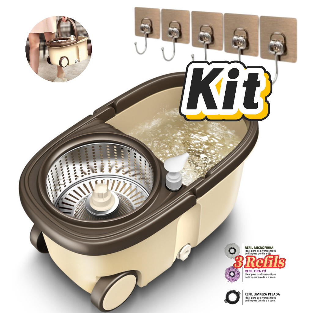 Kit 16L Esfregão Giratório+ Pano de Limpeza : 360° com balde de aço inox- Rolos práticos+ 3 Refis