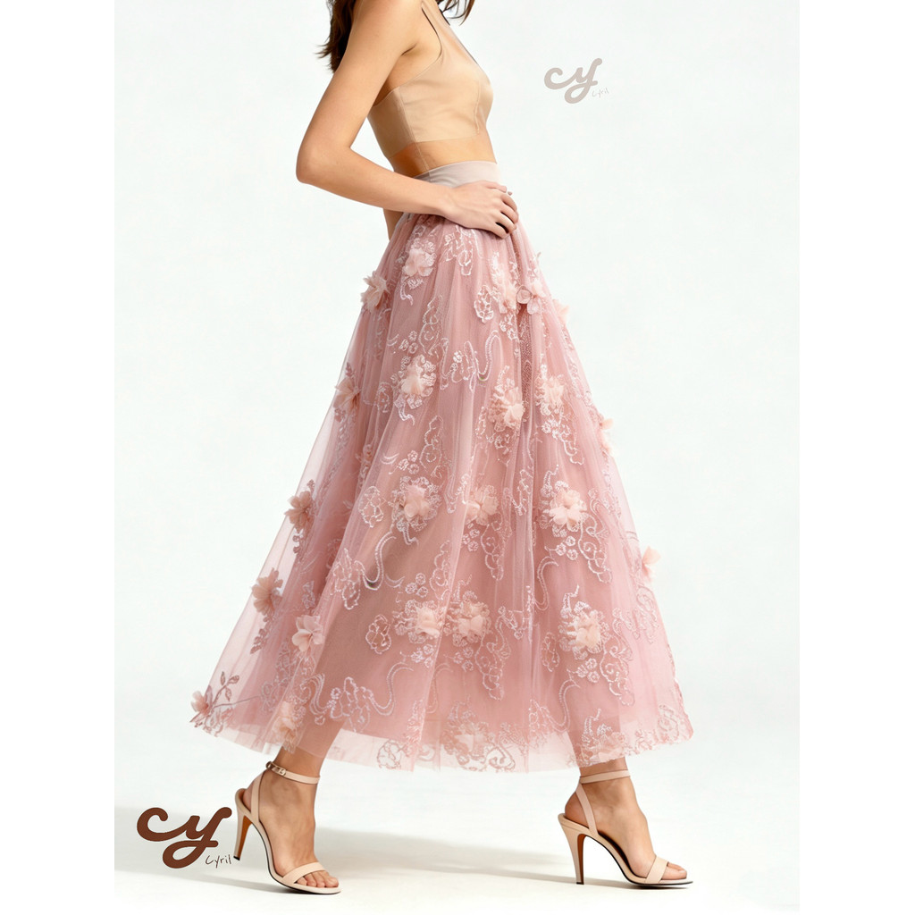 Saia Midi Longa de Tule bordado Floral Elegante-Cintura Alta Com Flores 3D-Verão-modas-vestido feminina em Oferta na Shopee