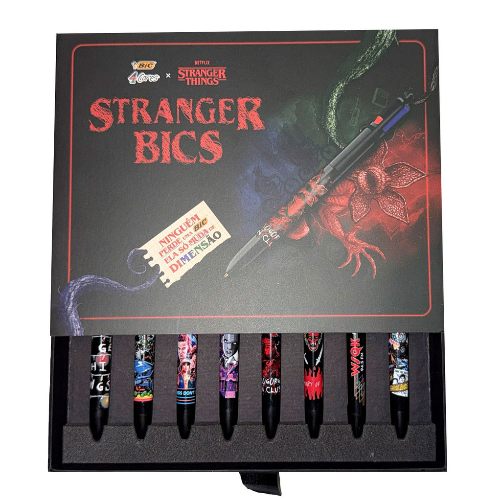 Kit 8 Canetas Bic 4 Cores Stranger Things Temporadas 1 a 5 Ponta 1.0mm Edição Especial Colecionável
