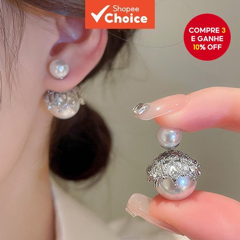 1 Peça 925 Agulha De Prata Cravejada De Diamantes Pérola Brincos Dupla Face Coreano ins Temperamento De Estilo Legal des