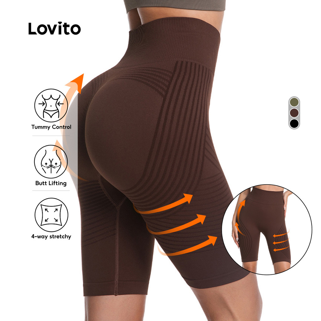 Lovito Shorts Esportivos com Controle de Barriga Levantamento de Bumbum Elástico em 4 Direções marrom LNA129014