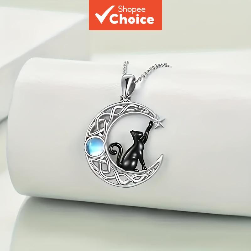 Colar feminino com pingente de lua e gato preto em pedra da lua sintética, corrente de clavícula estilosa e criativa