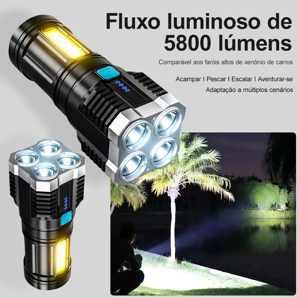Lanterna LED Forte 1.5km Super Potente 4 Luminárias Recarregável USB Portátil Ultra Brilhante
