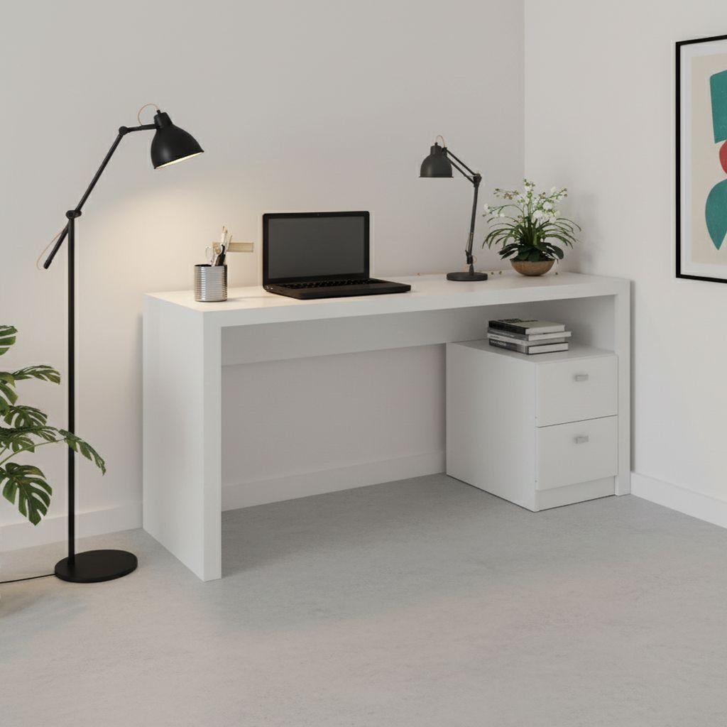 Escrivaninha Mesa Escritório com ME4130 2 Gavetas 135cm Branca Branco