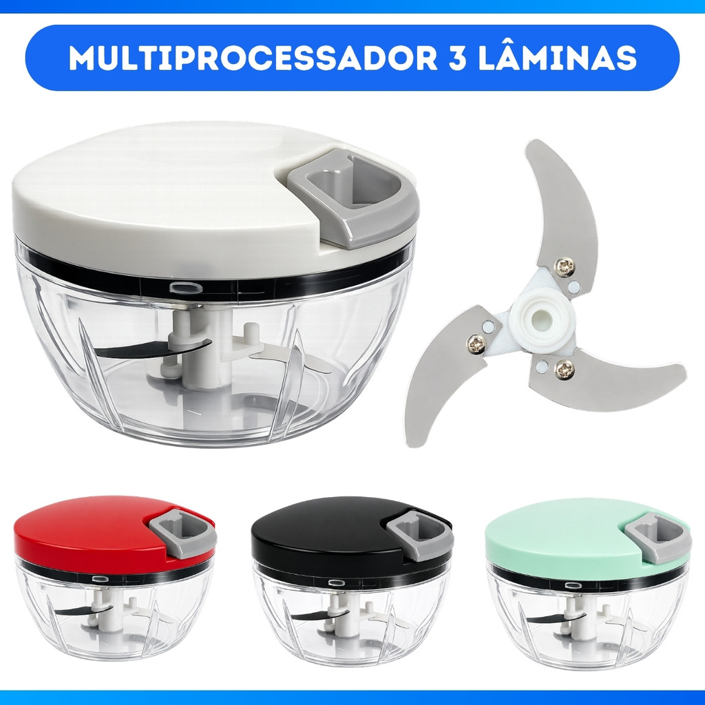 Triturador de Alimentos Manual 500ml com 3 Lâminas Inox – Picador de Cebola Alho