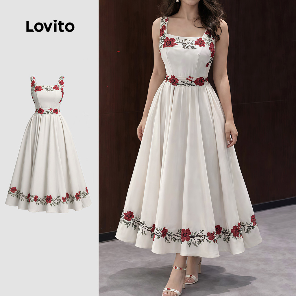 Lovito Cintura Alta Vestido Boho com Flores e Estrutura de Linhas para Primavera