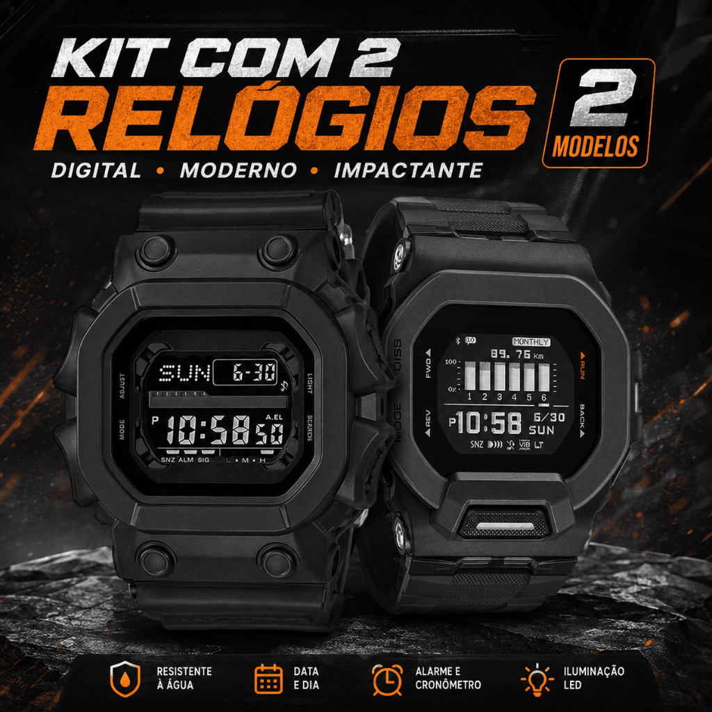 Kit 2 Relógios Masculino Digital Esportivo Prova Dágua Preto Pulseira Silicone Led Cronômetro Alarme