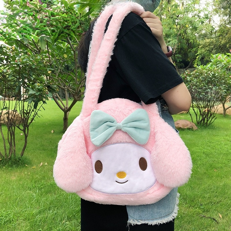 Bolsa de pelúcia pequena para mulheres, réplica fofa de Sanrio Cinnamoroll My Melody Kuromi Pompompurin [Rain] DS3Z