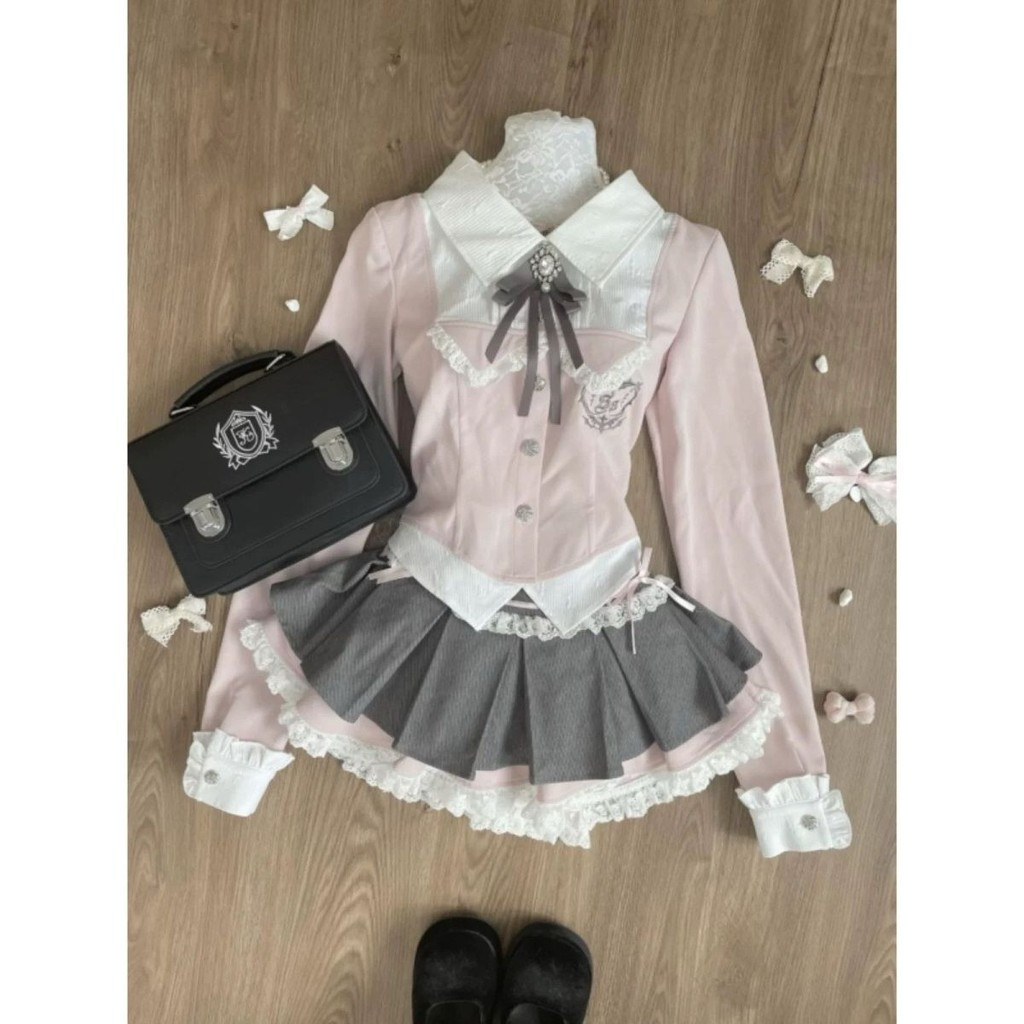 X-ORANGE [Terno de duas peças] Rosa Preppy jk Camisa de duas peças + saia plissada cinza de cintura alta verão novo esti