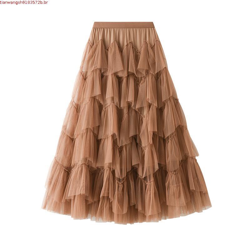 【 6 Cores 】 ANGEL Saia midi Feminina De Malha Cor Sólida Coreana Cintura Alta Roxa Linha A Tutu Tulle De Bolo Longo Par