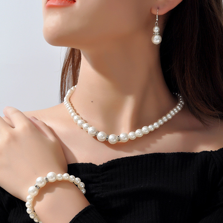 3pcs/conjunto Colar de Pérolas Brincos Pulseira Conjunto de Joias Retro Moda Europeia e Americana Acessórios de Pérolas