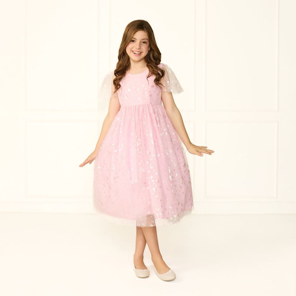 Vestido Estampa Borboletinha Rosa Véu Rodado
