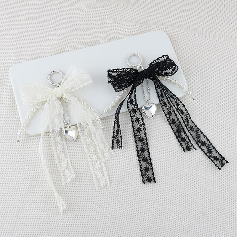 [largeloohg] Doce Moda Arco Frisado Chaveiro Branco Preto Bowknot Pingente Corrente Do Telefone Requintado Bonito Saco P