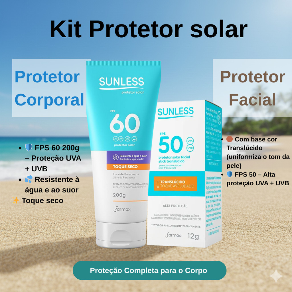 kit Protetor Solar Facial Bastão Translúcido + Protetor Solar Corporal FPS 60 200g